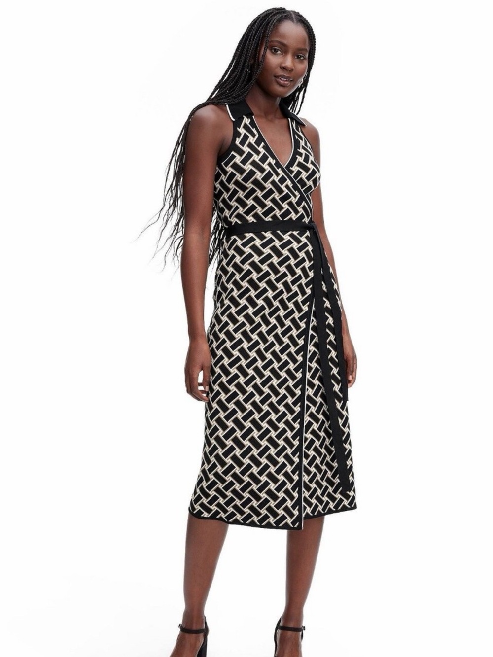 Diane Von Furstenberg Black & White Sleeveless Wrap Midi Dress